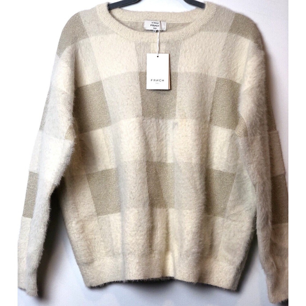 Frnch Paris La Maille Sweater M/L NWT Gold Cream Checkered Fuzzy Metallic
